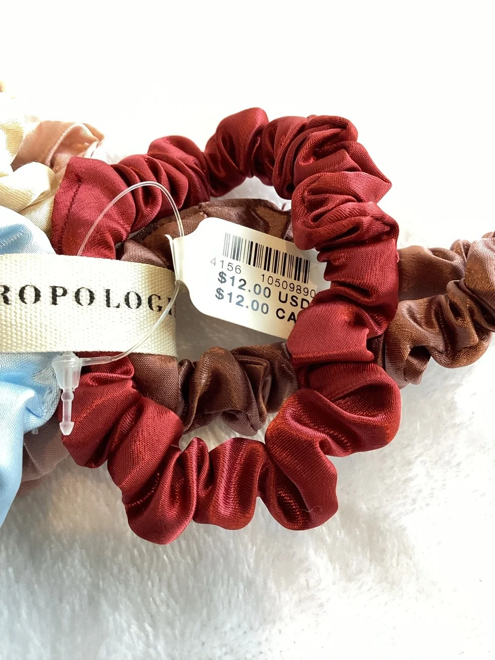 Anthropologie Satin Hair Scrunchies New Set of 6 Ties Red Blue Ivory Pink Mauve